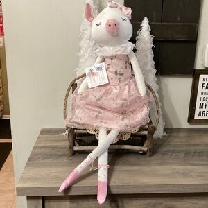 NEW! FARMHOUSE SPRING STUFFED PIG IN PINK FLORAL GOWN & BALLERINA SLIPPERS